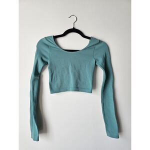 Teal Ribbed Long Sleeve Crop Top Round Neck Stretch Y2K XS (READ DISCRIPTION)